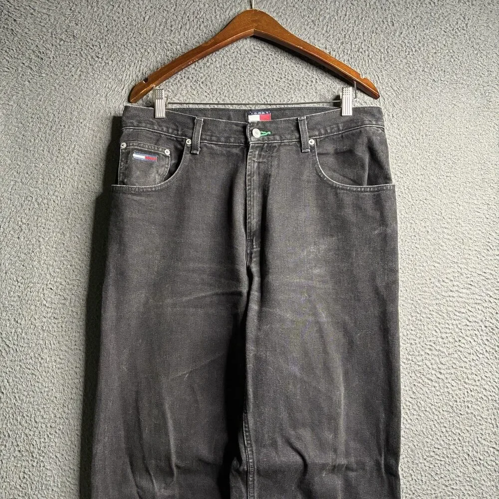 Vtg 90s Tommy Hilfiger Mens 34x29 Baggy Denim Jeans Black Whiskered Flag